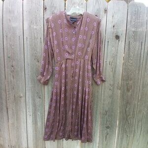 Baldanza Vintage Dress Womens Sz 14 Green Floral Button Full Front Closure Silk